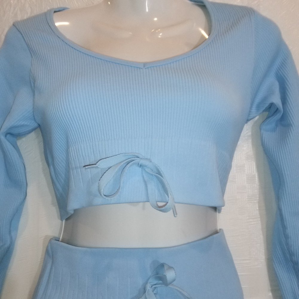 Baby Blue Women's Athletic Athleisure 2 Piece Crop Top Body Suit ~ #P05